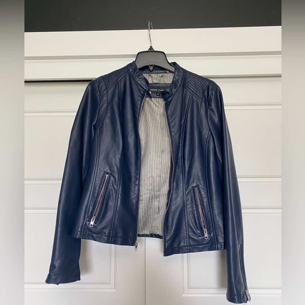 Navy blue faux leather jacket women’s Black Rivet